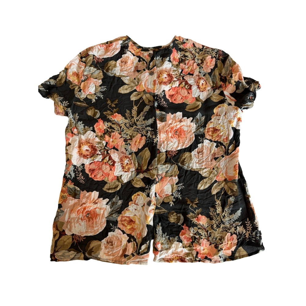 Linda Allard Ellen Tracy 100% Silk Floral Blouse Black Peach Short Sleeve Size 6